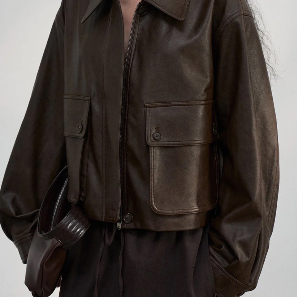 Pixie Market Brown Faux Leather Crop Bomber Patch Pocket Jacket NWT One Size - Picture 3 of 12